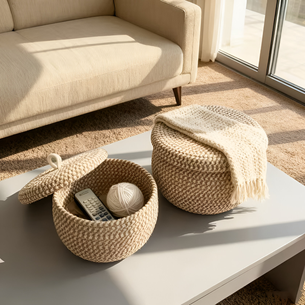 Round Woven Storage Basket Jute-Cotton Matching Lid