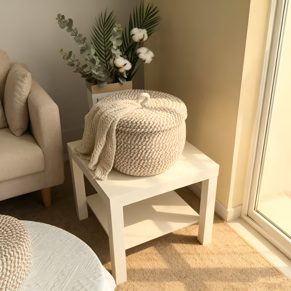 Round Woven Storage Basket Jute-Cotton Matching Lid