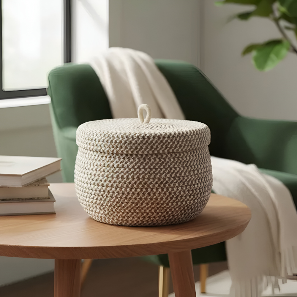 Round Woven Storage Basket Jute-Cotton Matching Lid