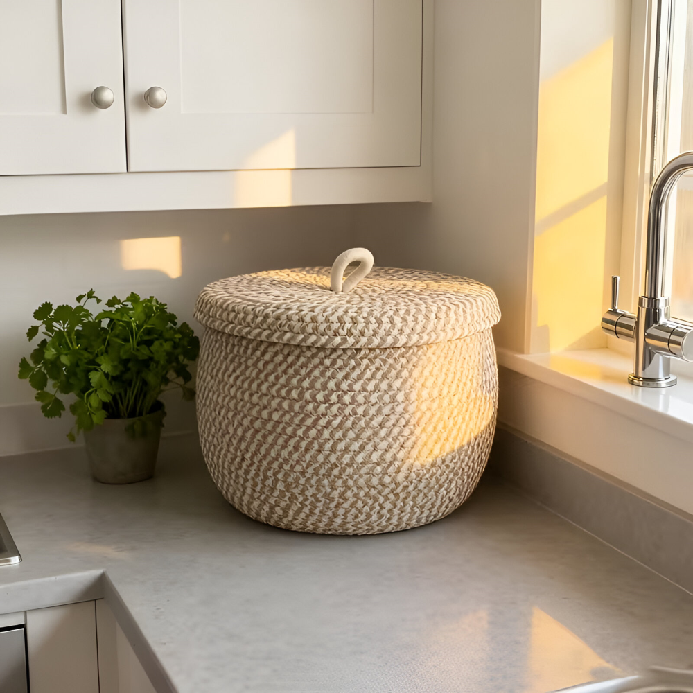 Round Woven Storage Basket Jute-Cotton Matching Lid