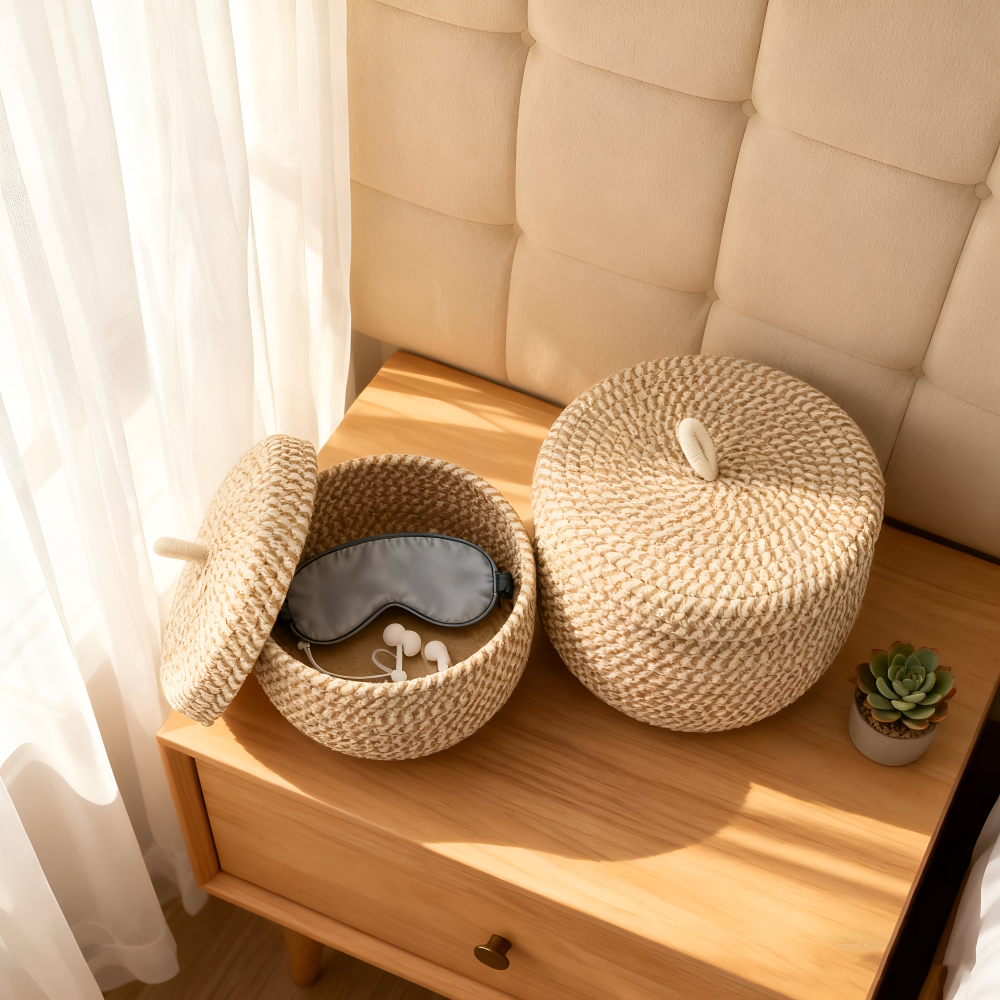 Round Woven Storage Basket Jute-Cotton Matching Lid