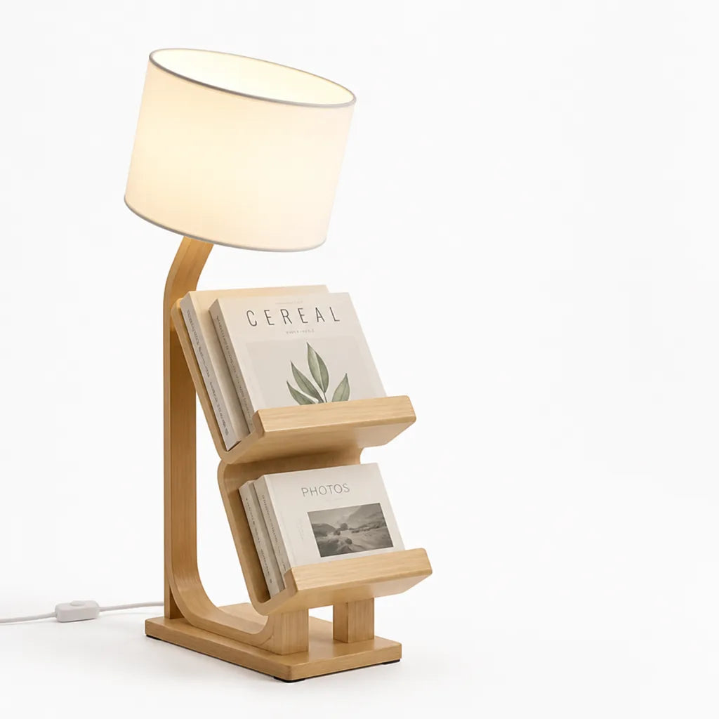 Scandinavian Table Lamp with Integrated Bookshelf and Adjustable Lighting