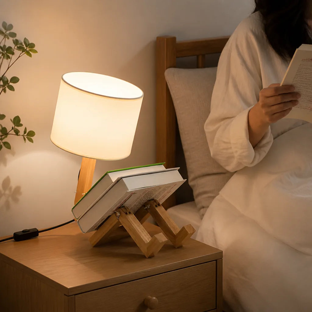 Scandinavian Table Lamp with Integrated Bookshelf and Adjustable Lighting