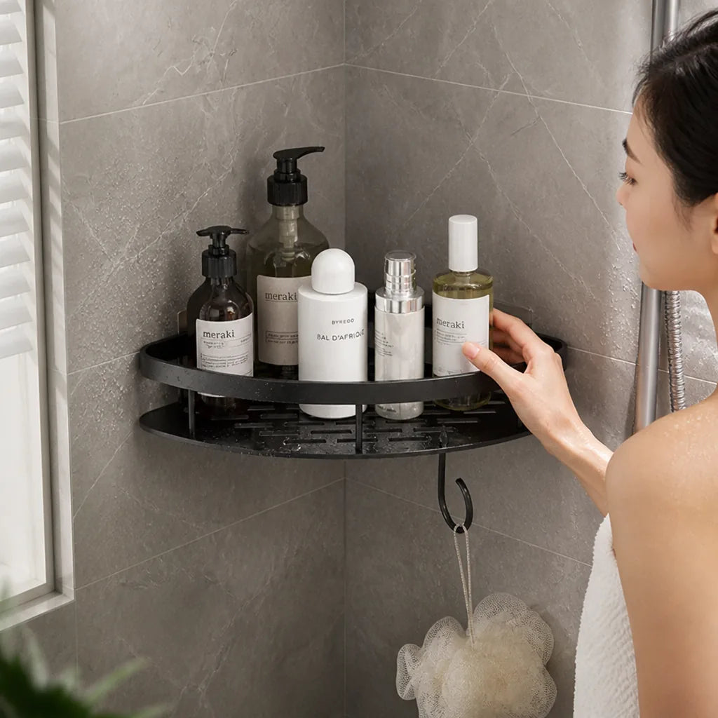 Self-Adhesive Curved Open-Frame Corner Shower Shelf