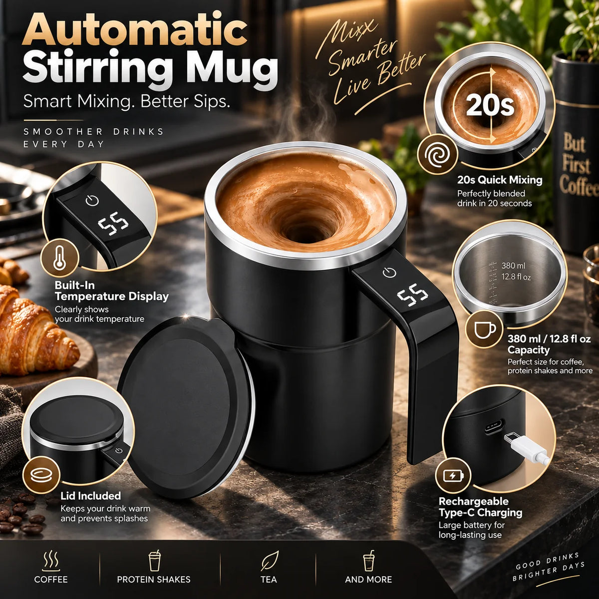 Self-Stirring Mug Rechargeable Magnetic Mixing LCD Temperature