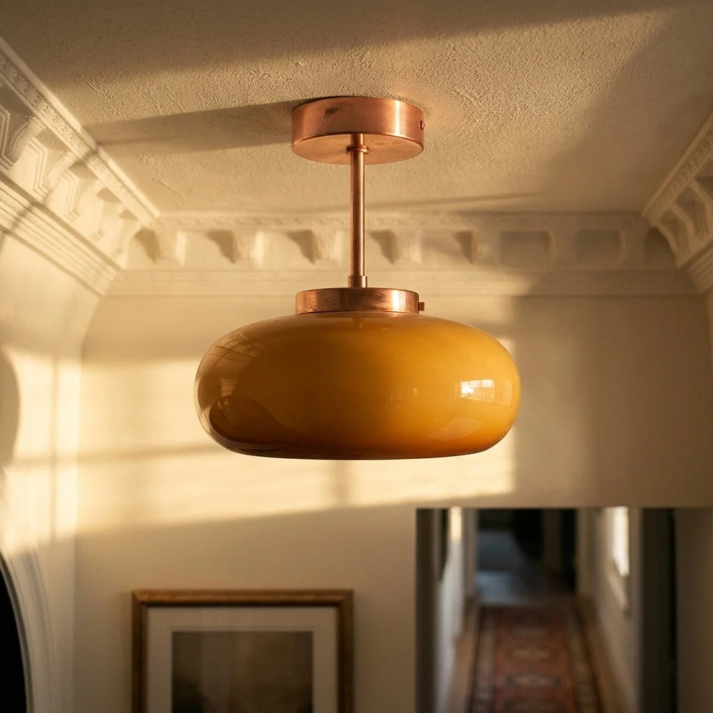 Semi-Flush Ceiling Light Amber Glass Brass Or Copper Finish