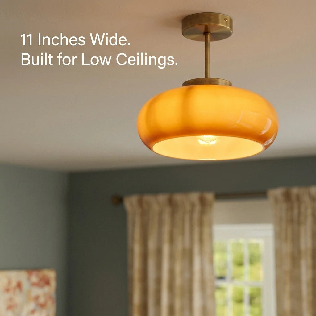 Semi-Flush Ceiling Light Amber Glass Brass Or Copper Finish