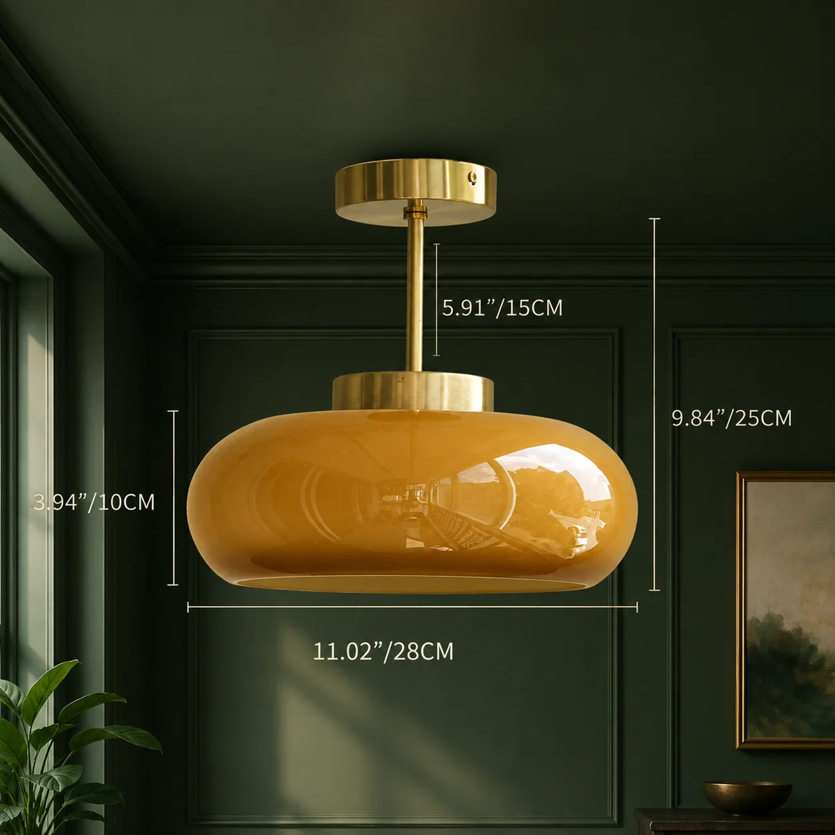 Semi-Flush Ceiling Light Amber Glass Brass Or Copper Finish