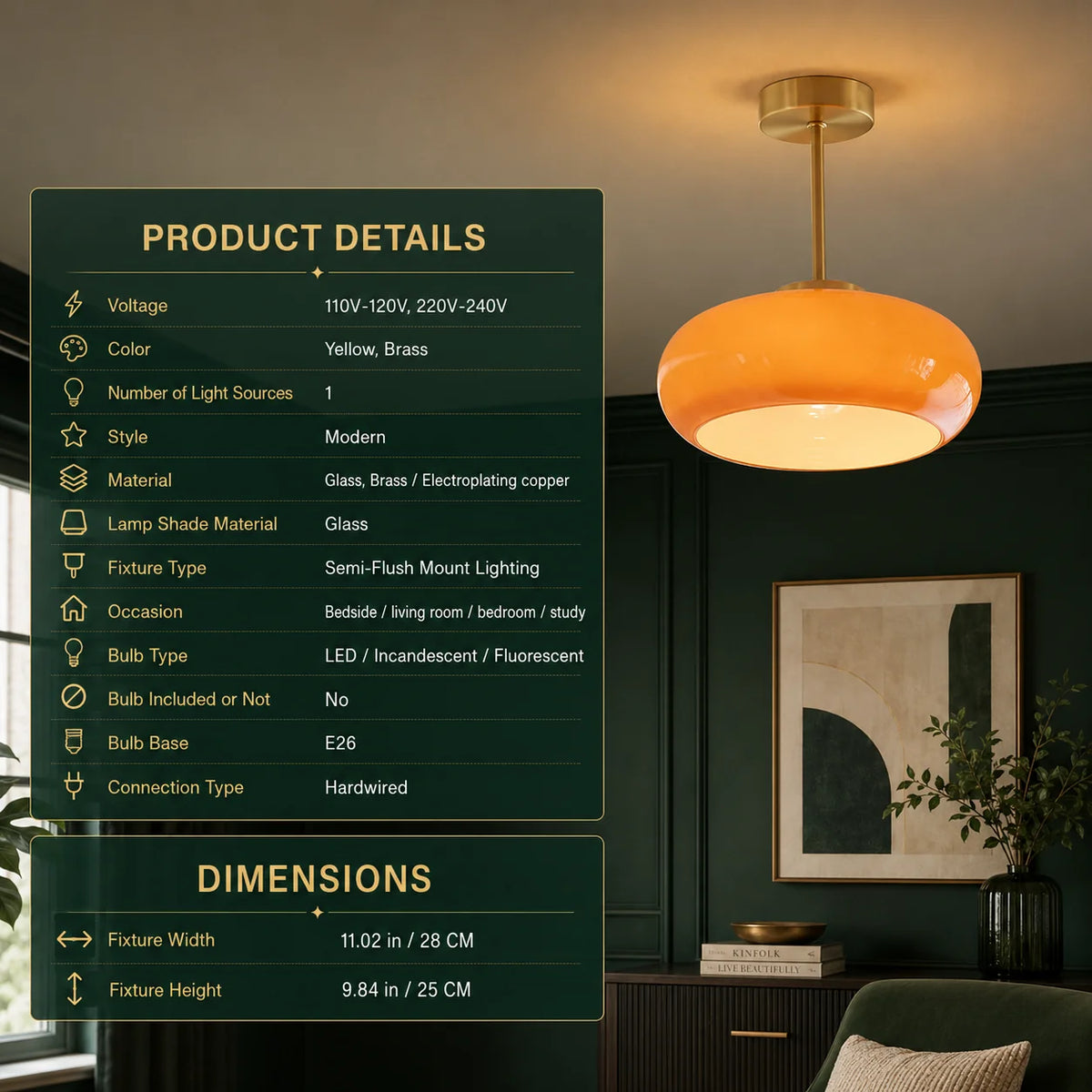 Semi-Flush Ceiling Light Amber Glass Brass Or Copper Finish