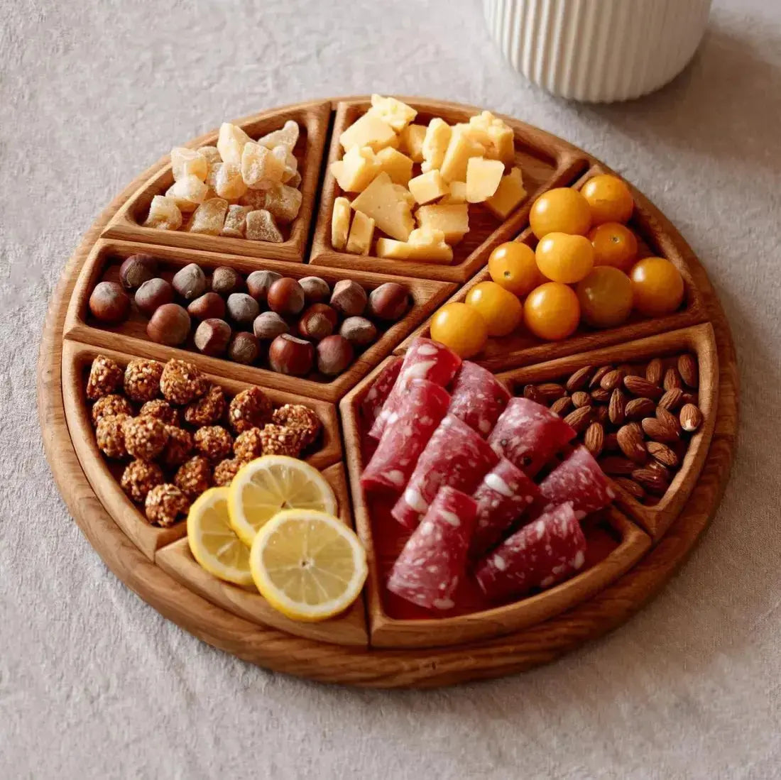Serving Tray Set Round Wood Food-Safe 8 Removable Compartments