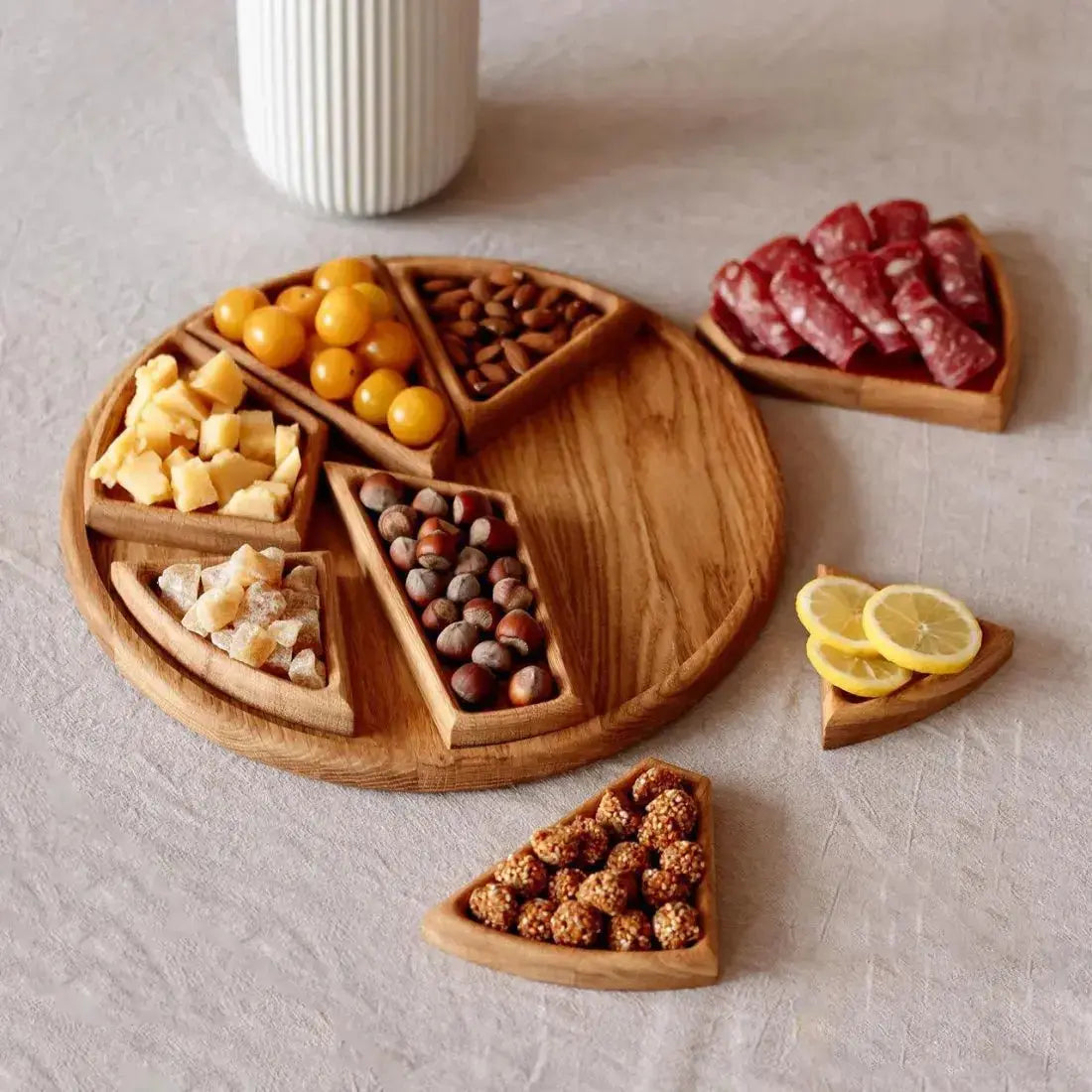 Serving Tray Set Round Wood Food-Safe 8 Removable Compartments