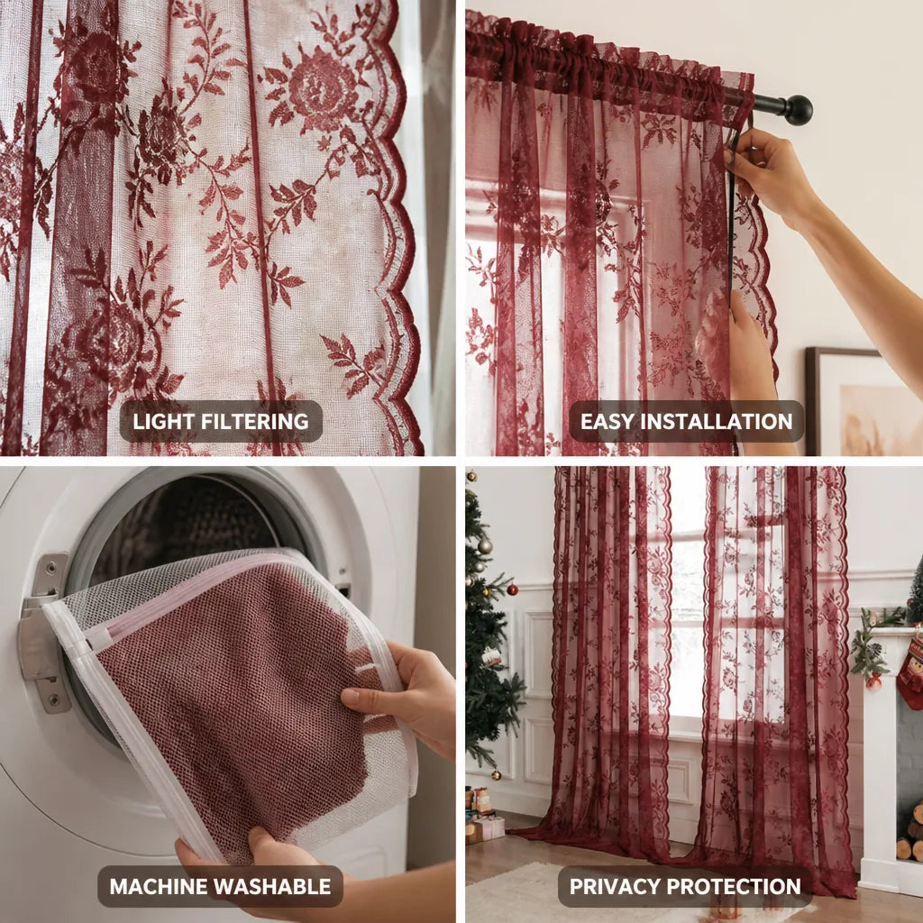 Sheer Curtain Panel Floral Lace Microfiber Light Filtering