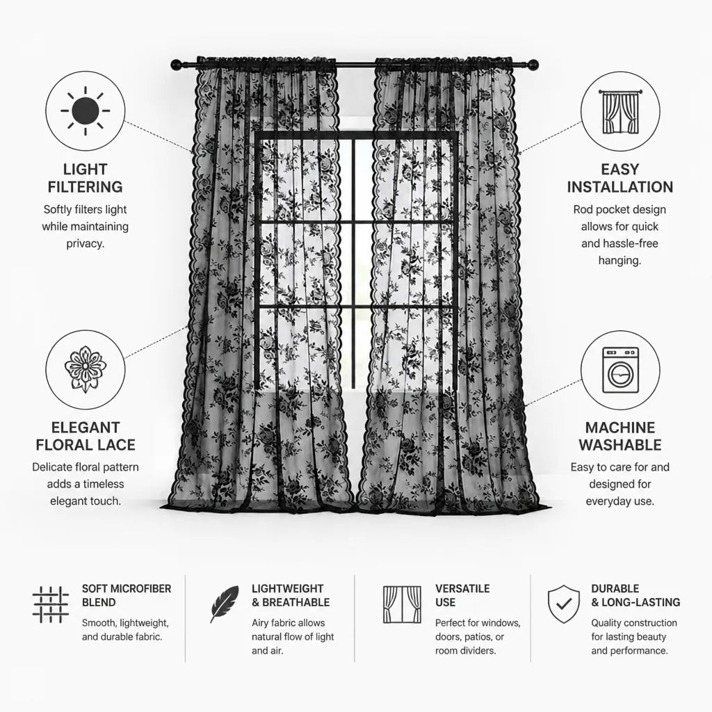 Sheer Curtain Panel Floral Lace Microfiber Light Filtering
