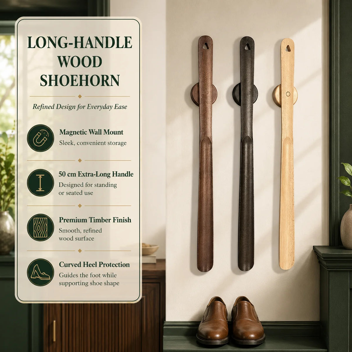 Shoehorn Long Handle Solid Wood Magnetic Wall Mount