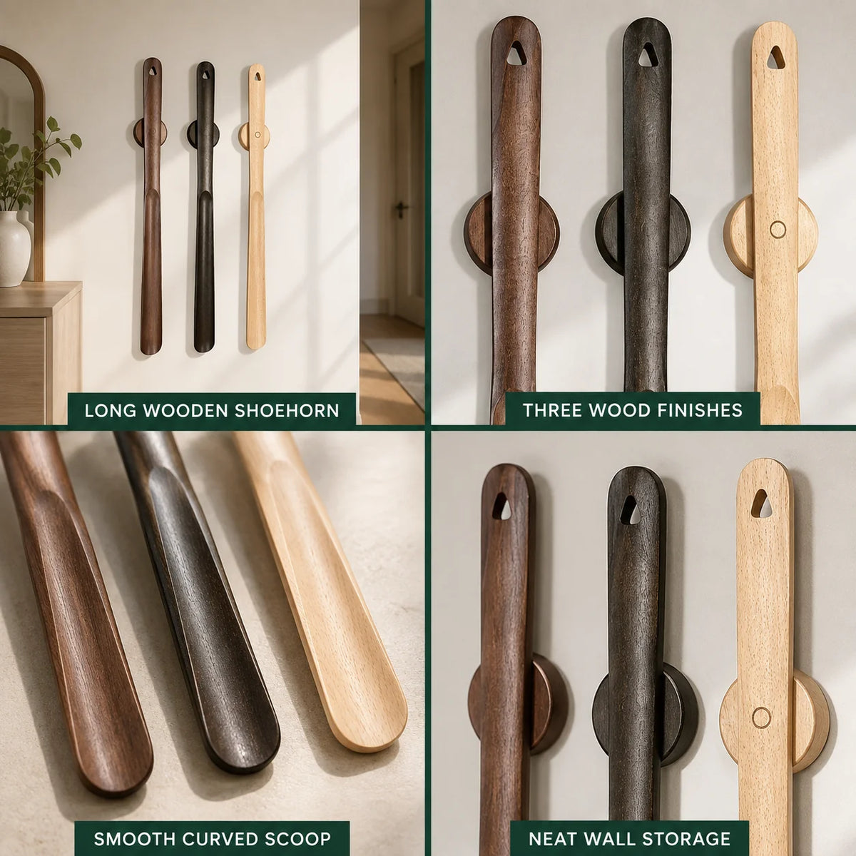 Shoehorn Long Handle Solid Wood Magnetic Wall Mount