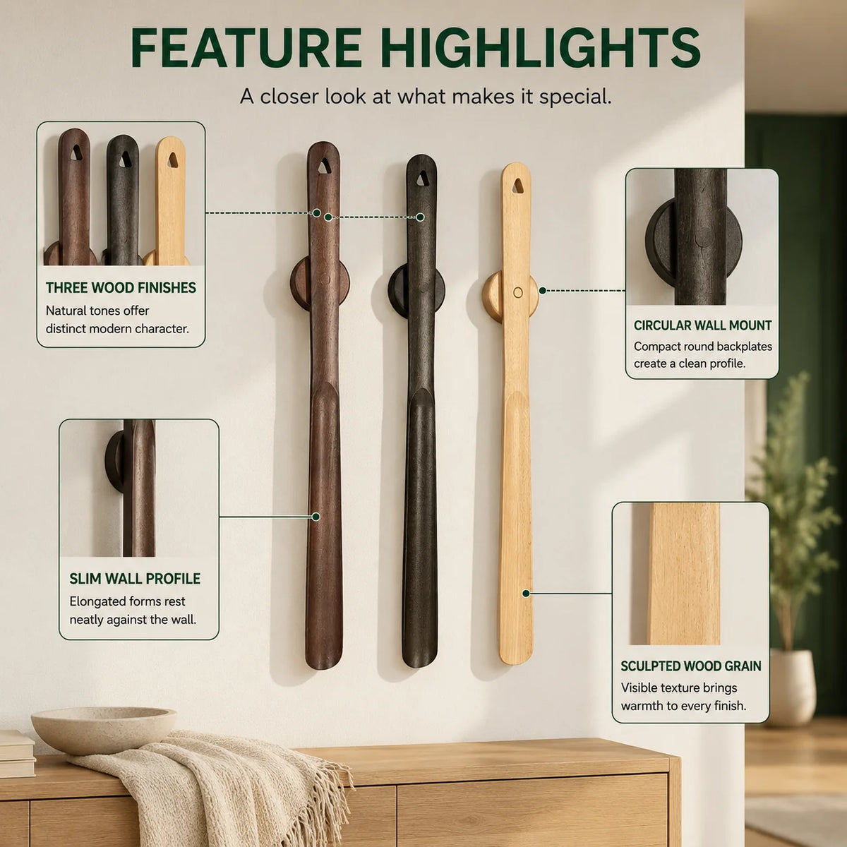 Shoehorn Long Handle Solid Wood Magnetic Wall Mount