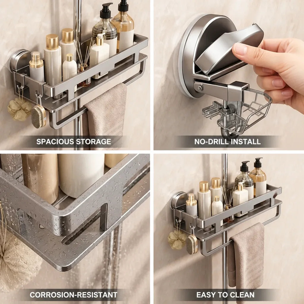 Shower Shelf No-Drill Suction Cup Or Wall-Mount Corrosion-Resistant