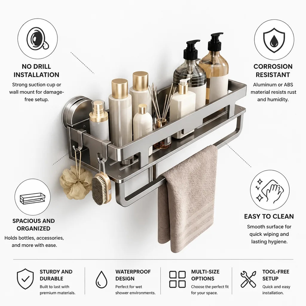 Shower Shelf No-Drill Suction Cup Or Wall-Mount Corrosion-Resistant