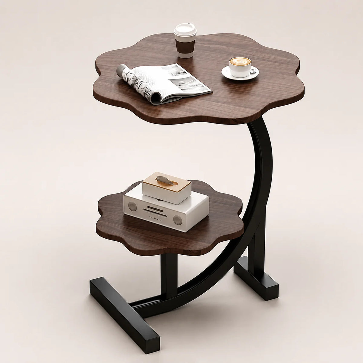 Side Table Two-Tier Wood-Finish Top & Stainless Steel Frame