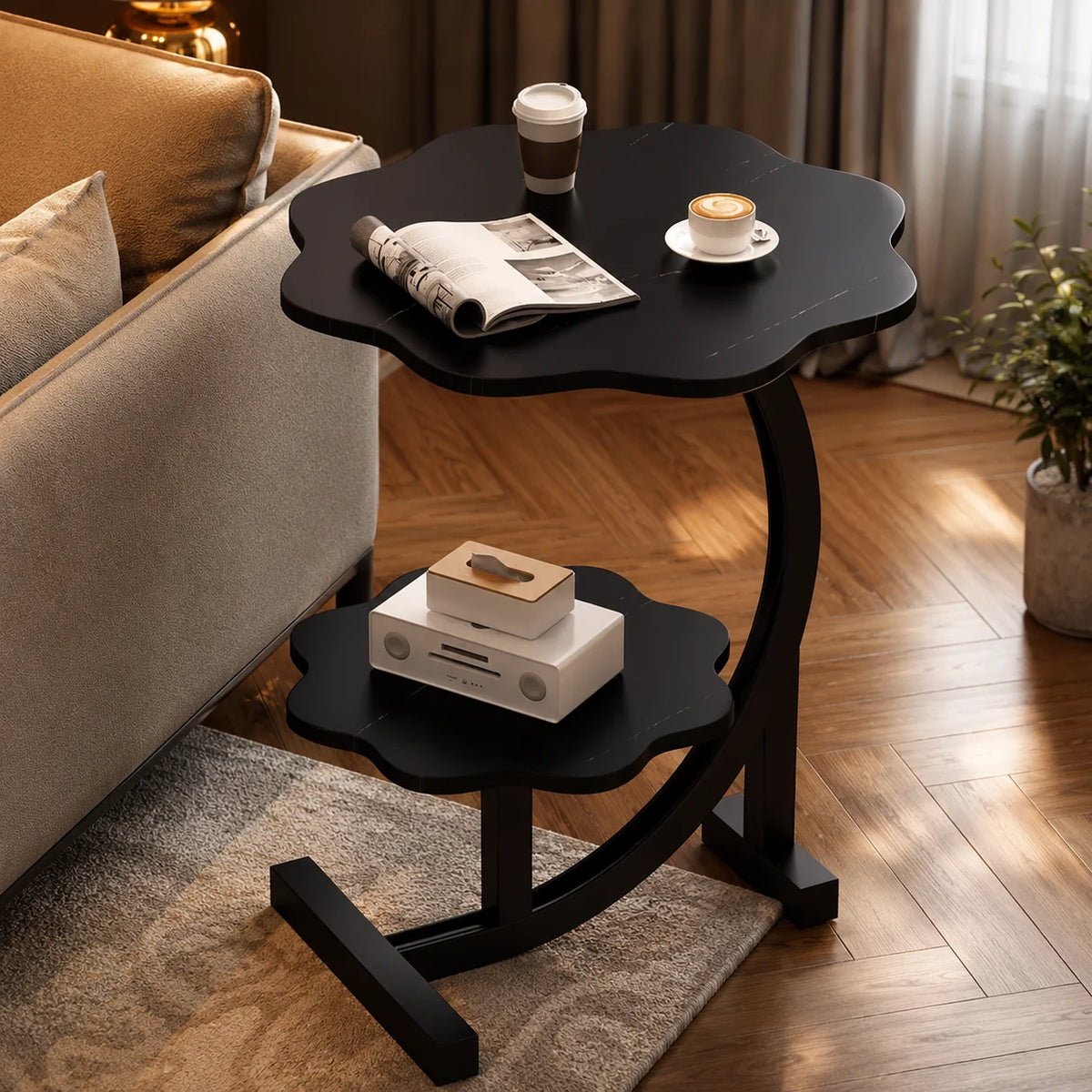 Side Table Two-Tier Wood-Finish Top & Stainless Steel Frame