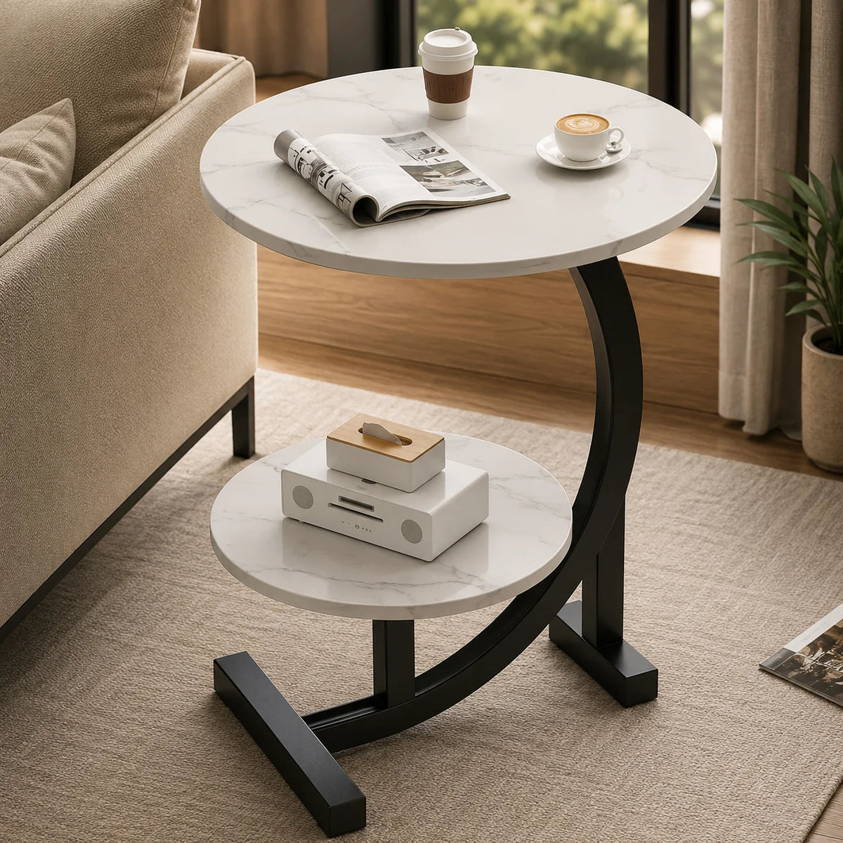 Side Table Two-Tier Wood-Finish Top & Stainless Steel Frame