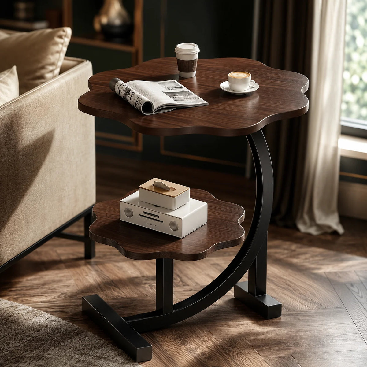Side Table Two-Tier Wood-Finish Top & Stainless Steel Frame