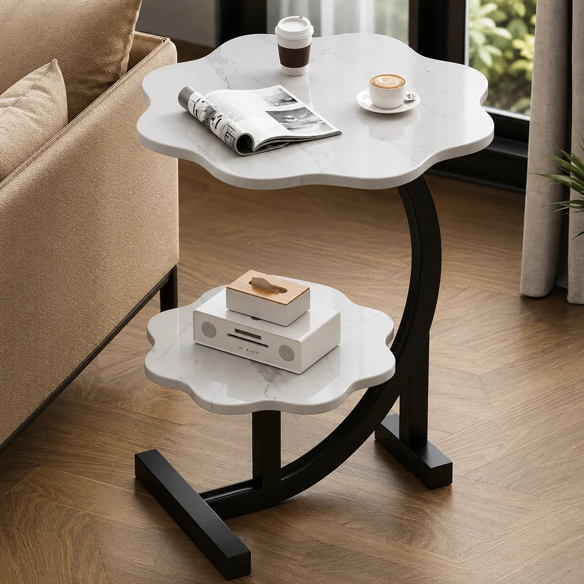 Side Table Two-Tier Wood-Finish Top & Stainless Steel Frame