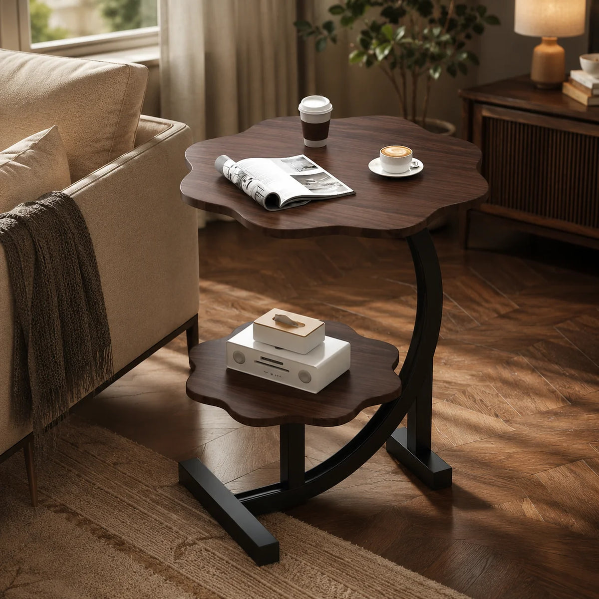 Side Table Two-Tier Wood-Finish Top & Stainless Steel Frame