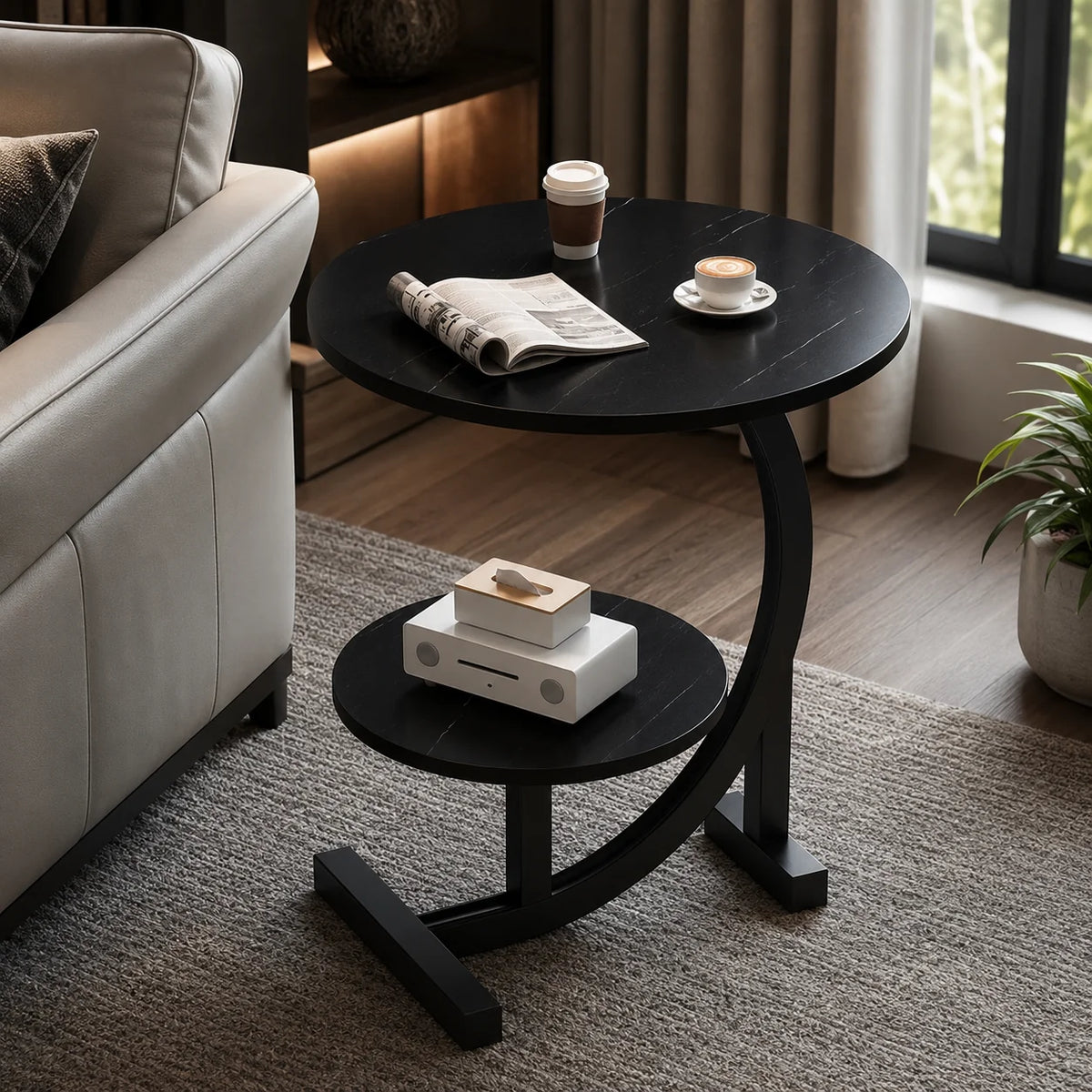 Side Table Two-Tier Wood-Finish Top & Stainless Steel Frame