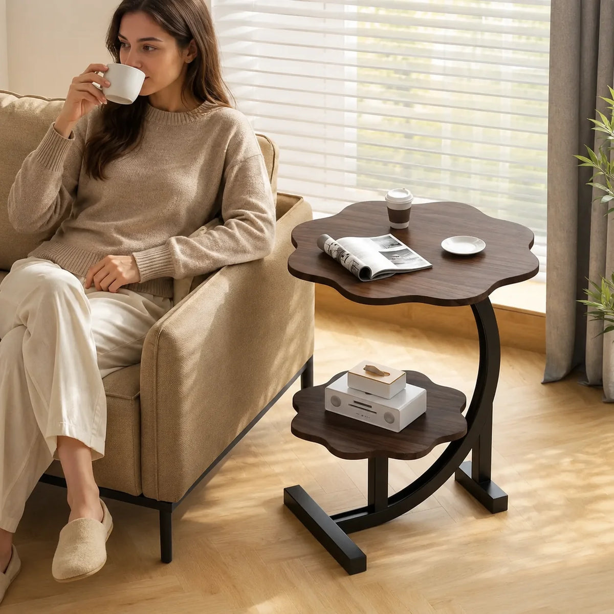 Side Table Two-Tier Wood-Finish Top & Stainless Steel Frame