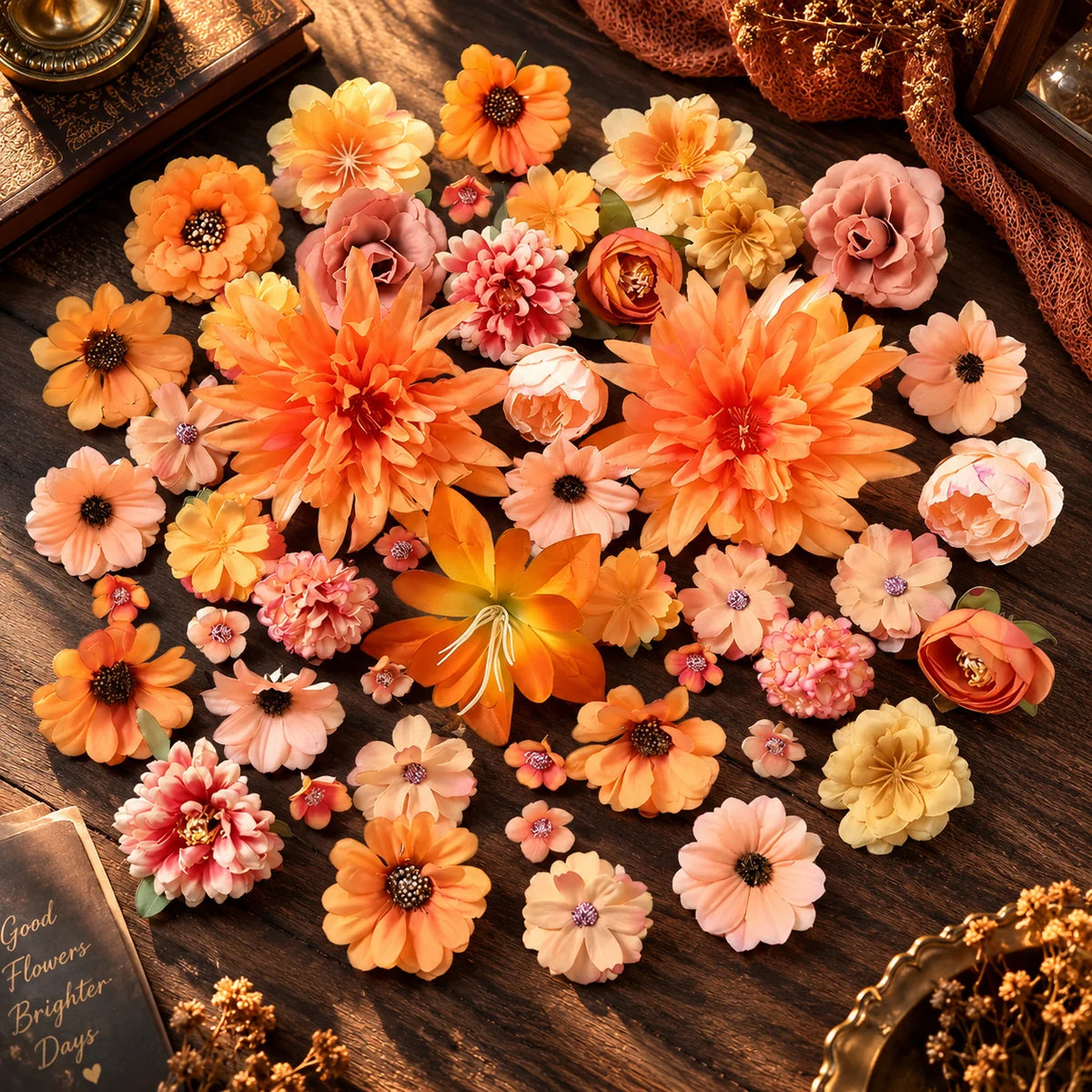Silk Flower Heads Autumn Orange Reusable Set of 48