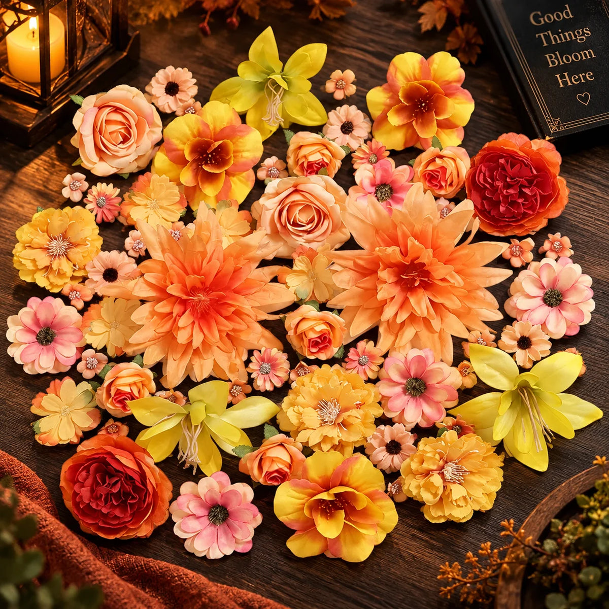 Silk Flower Heads Autumn Orange Reusable Set of 48
