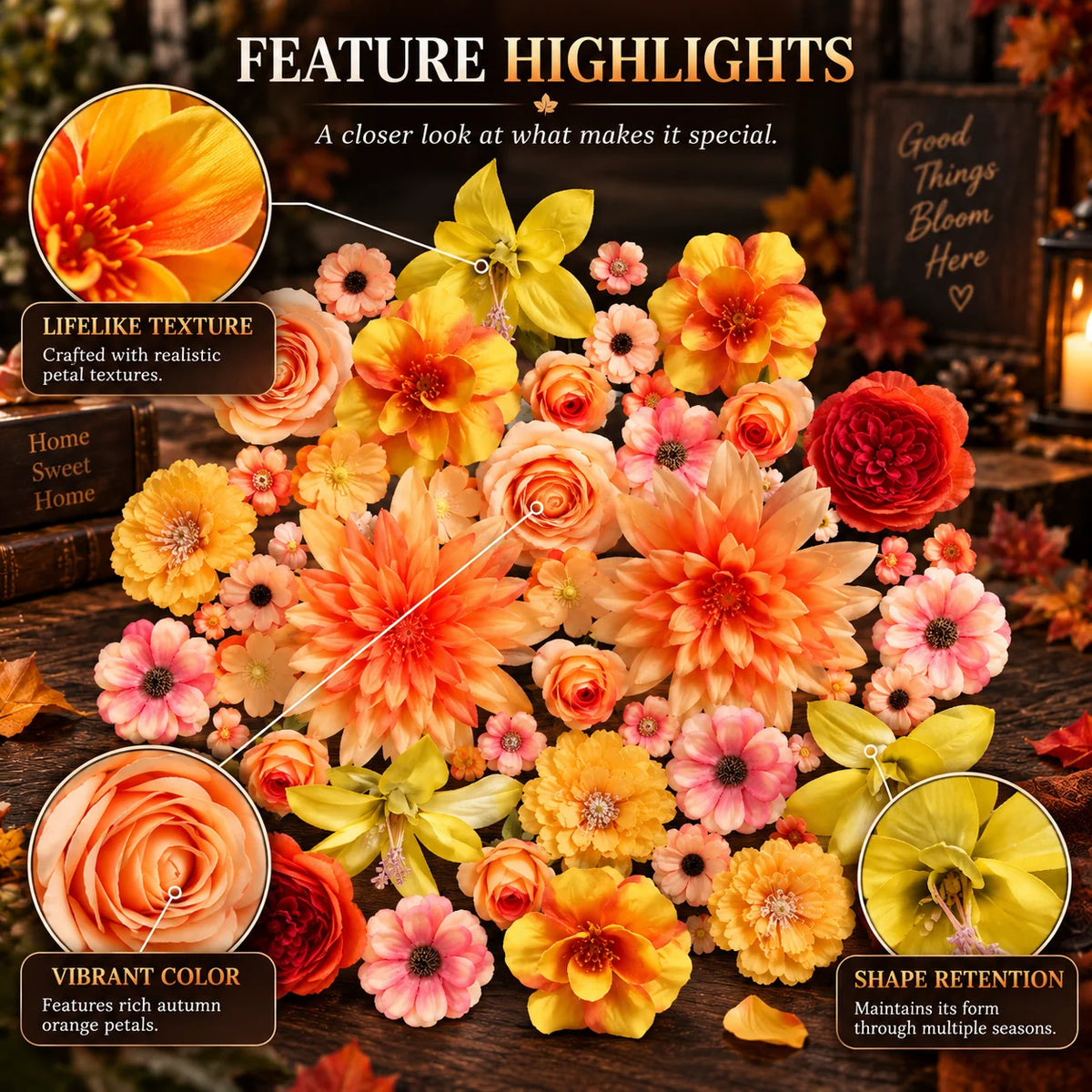 Silk Flower Heads Autumn Orange Reusable Set of 48