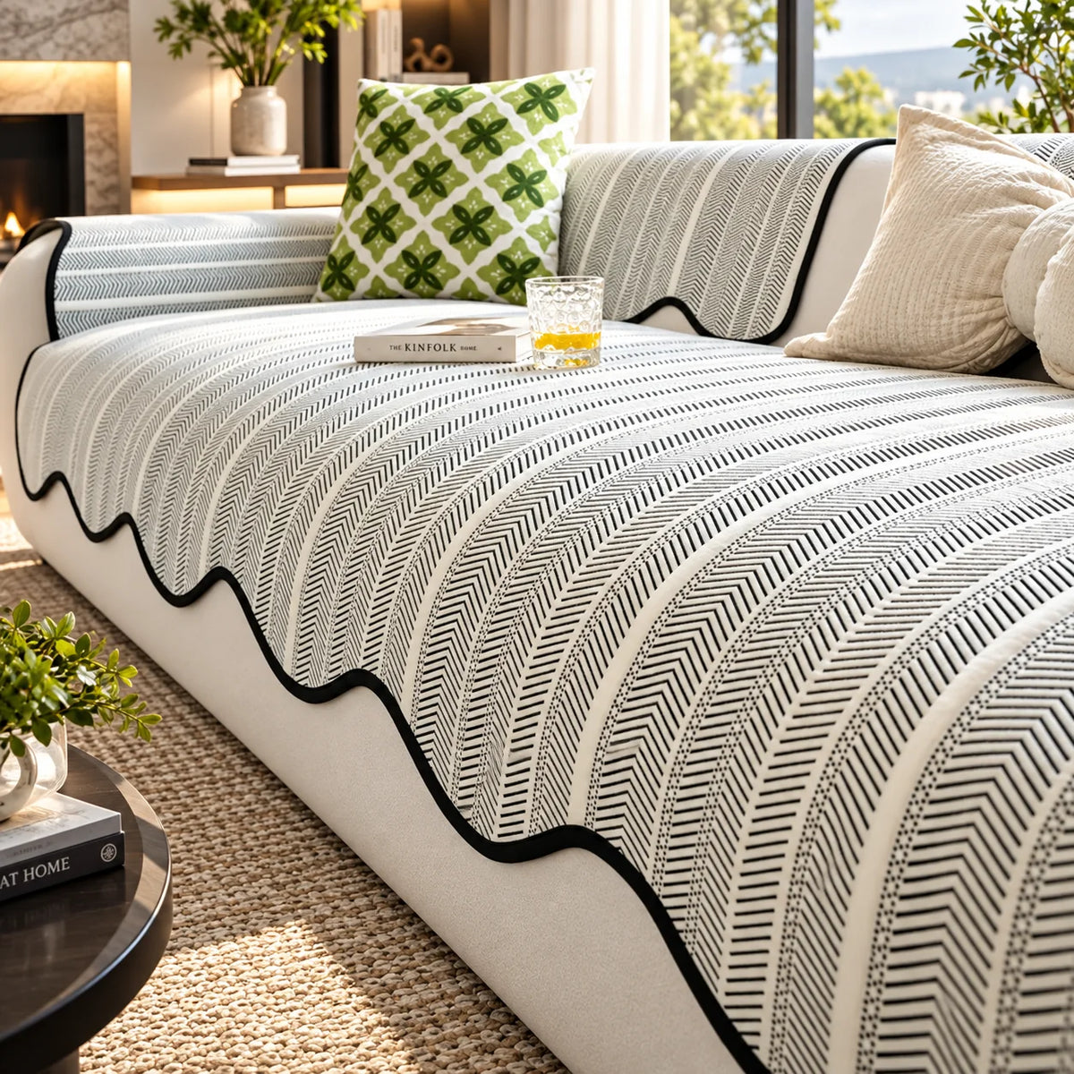 Sofa Cover Microfiber Blend Herringbone Scalloped Edge