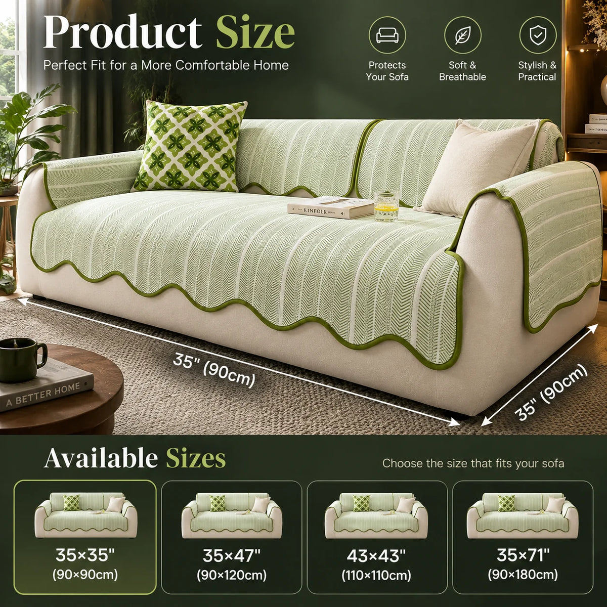 Sofa Cover Microfiber Blend Herringbone Scalloped Edge