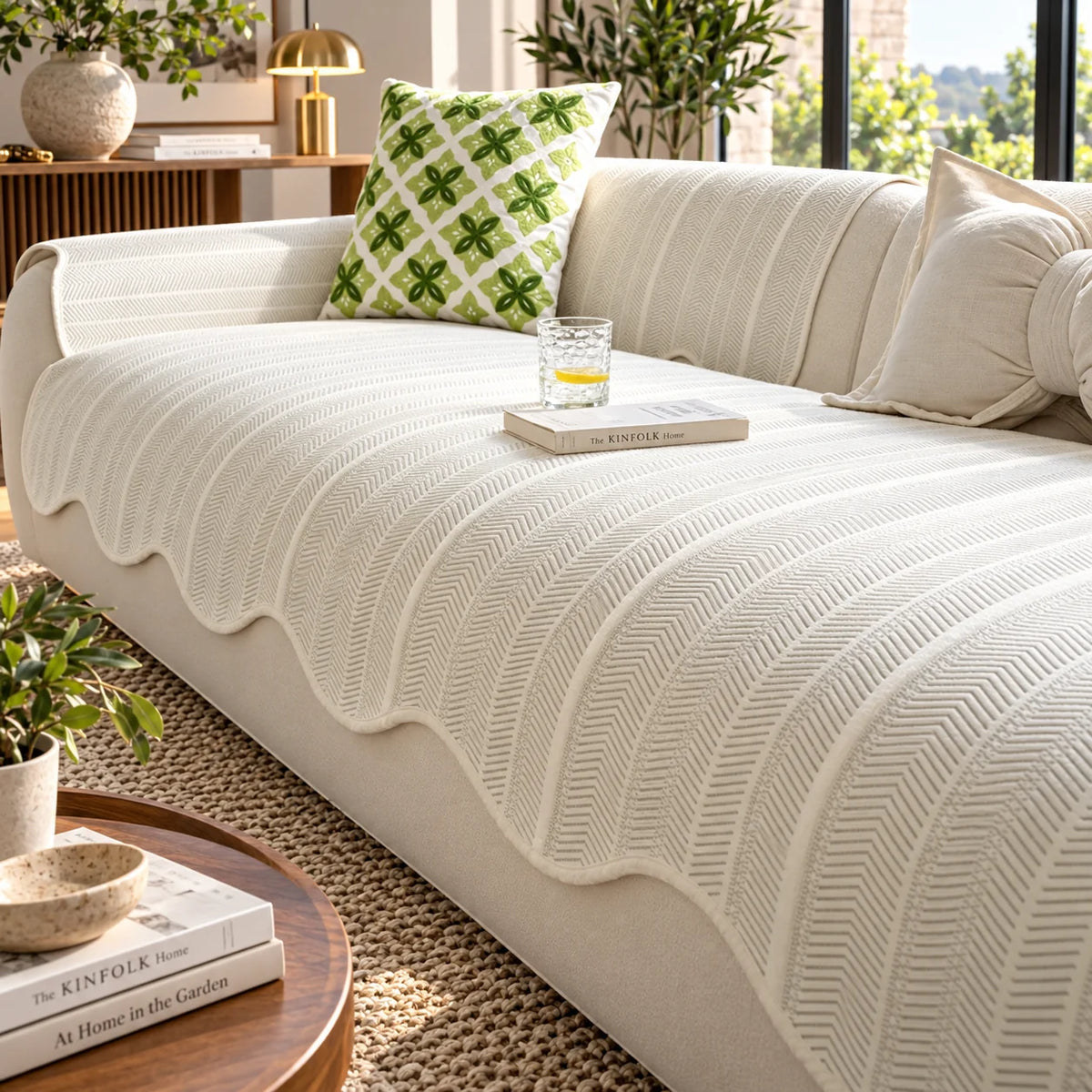 Sofa Cover Microfiber Blend Herringbone Scalloped Edge