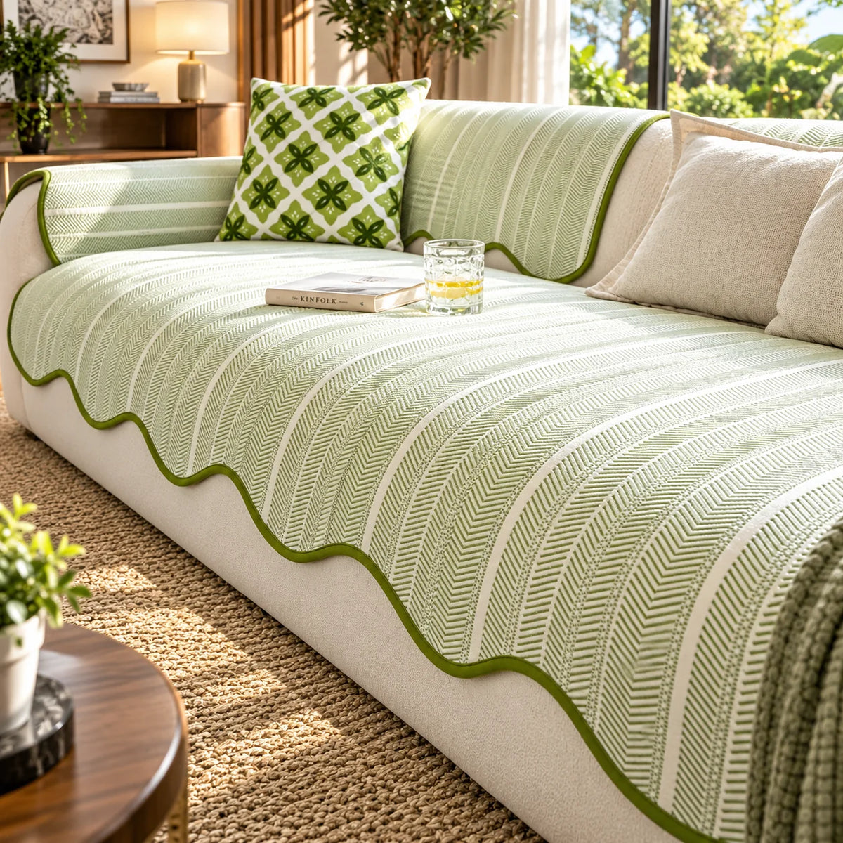 Sofa Cover Microfiber Blend Herringbone Scalloped Edge