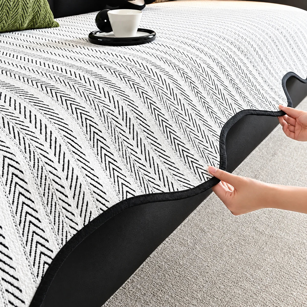 Sofa Cover Microfiber Blend Herringbone Scalloped Edge