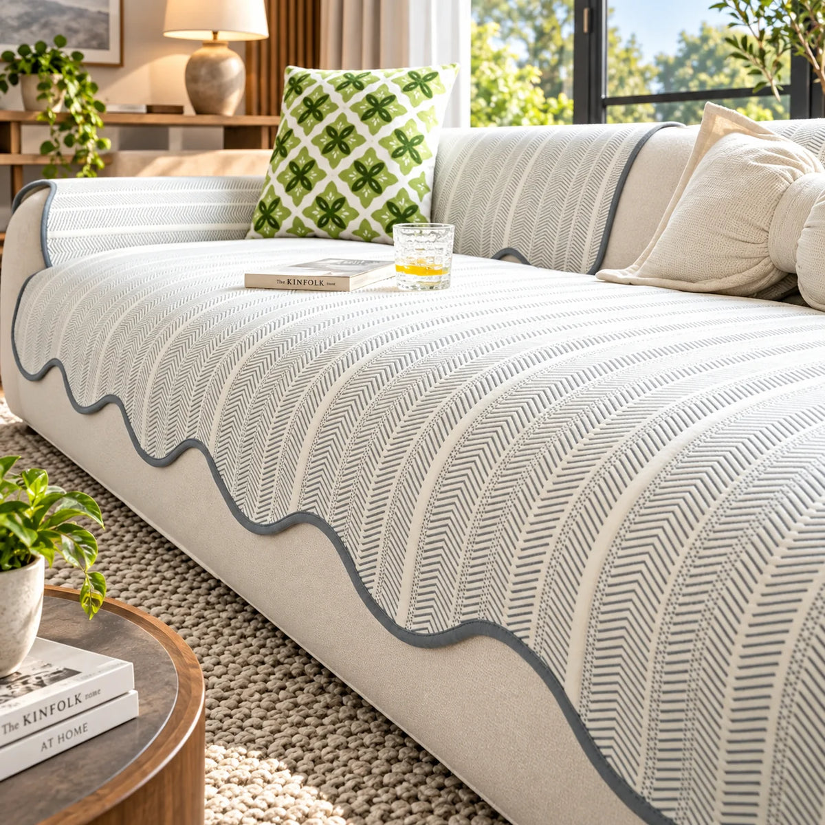 Sofa Cover Microfiber Blend Herringbone Scalloped Edge