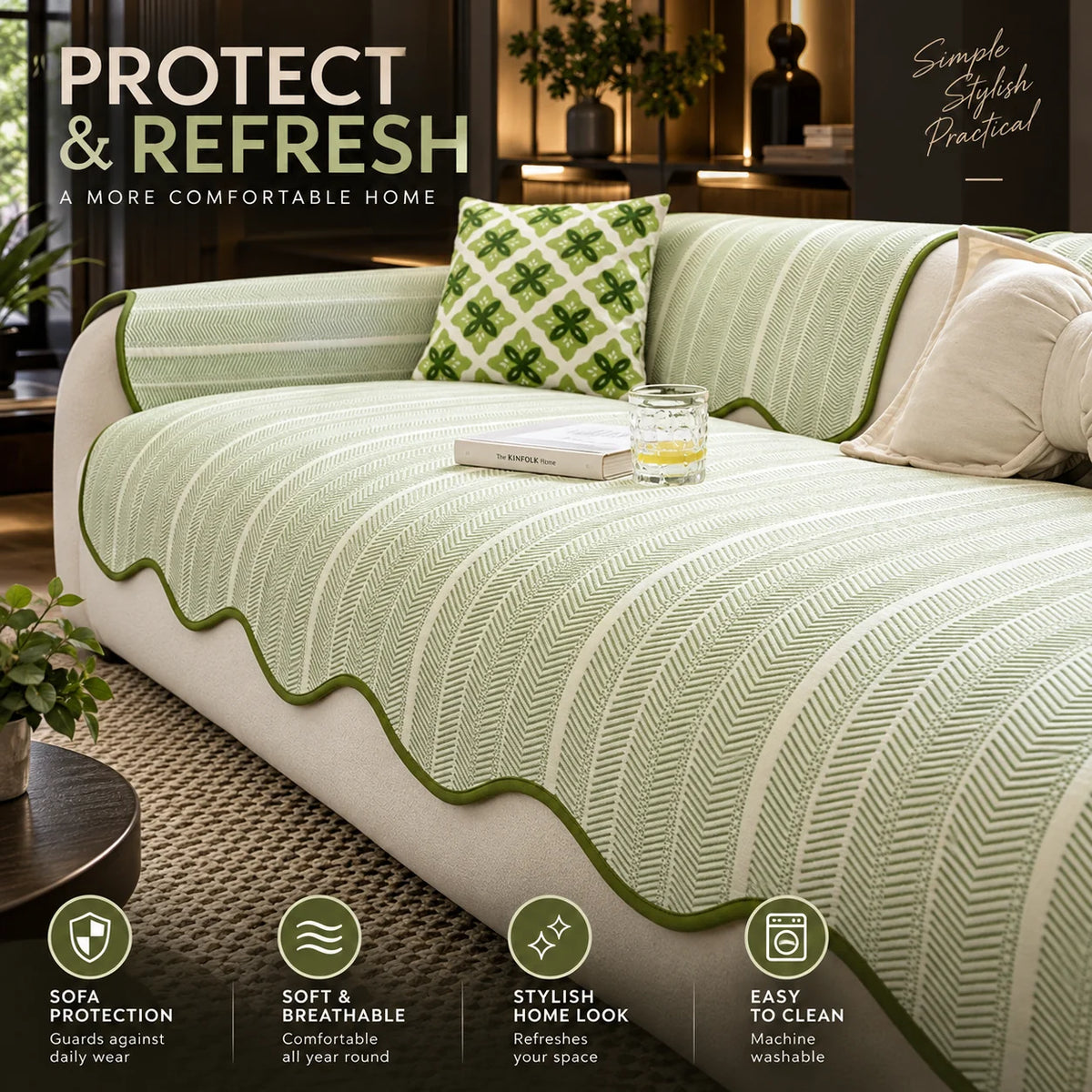 Sofa Cover Microfiber Blend Herringbone Scalloped Edge