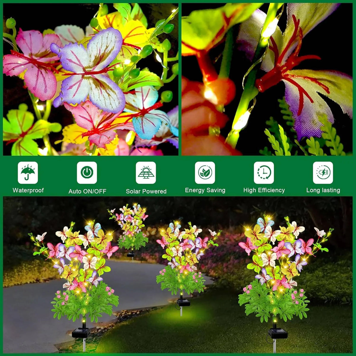 Solar Flower Stake Lights Auto Dusk-to-Dawn Weatherproof Aluminum
