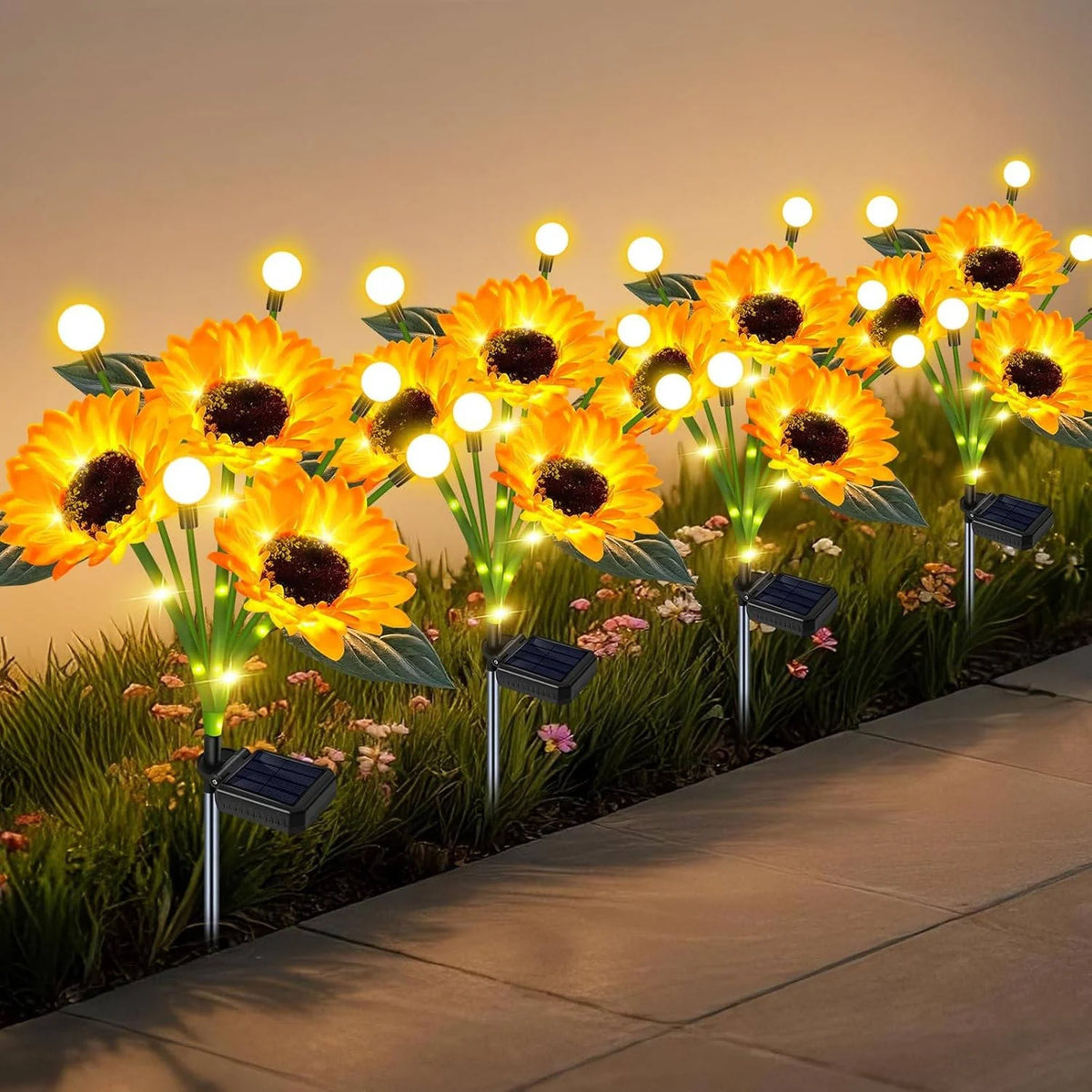 Solar Flower Stake Lights Auto Dusk-to-Dawn Weatherproof Aluminum