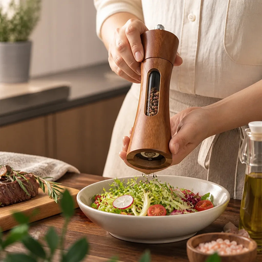 Solid Wood Salt and Pepper Mill with Viewing Window (Infinitely Adjustable Grind)