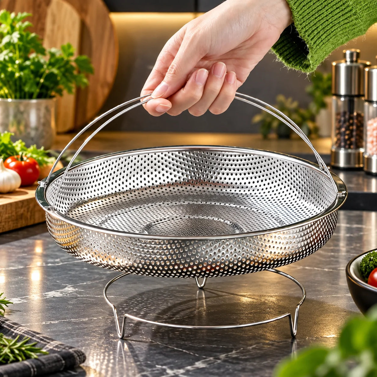 Steamer Basket Set Perforated Stainless Steel & Built-In Handles