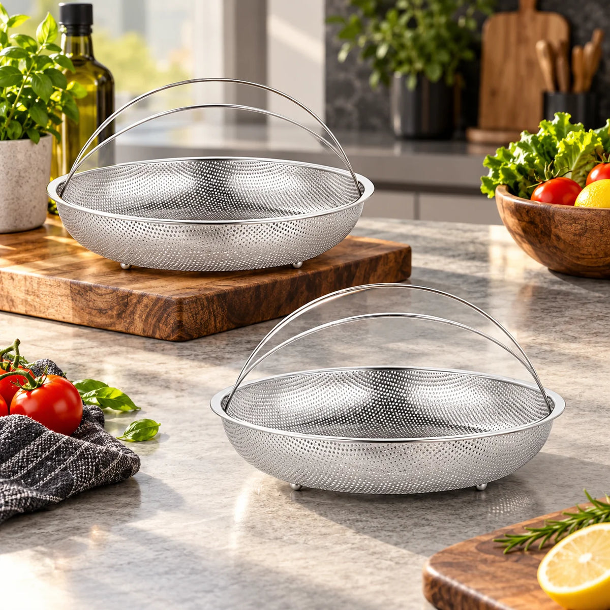 Steamer Basket Set Perforated Stainless Steel & Built-In Handles