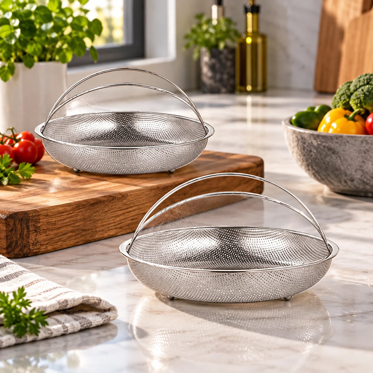 Steamer Basket Set Perforated Stainless Steel & Built-In Handles