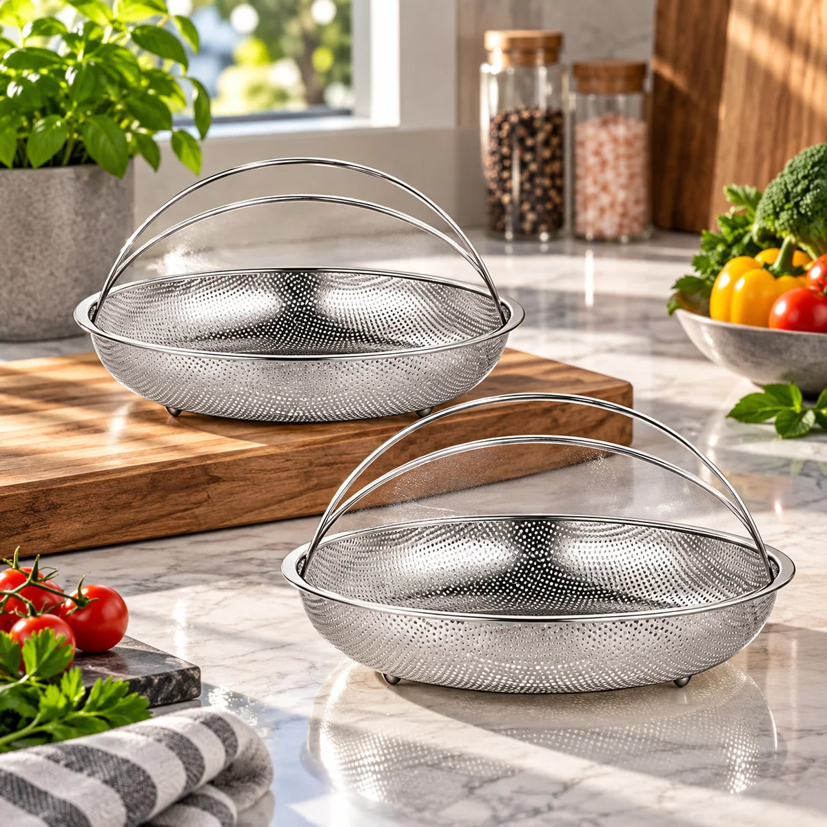 Steamer Basket Set Perforated Stainless Steel & Built-In Handles