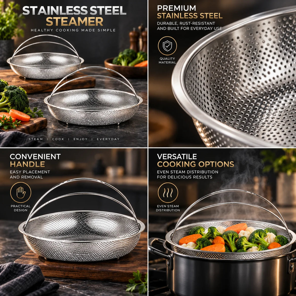 Steamer Basket Set Perforated Stainless Steel & Built-In Handles
