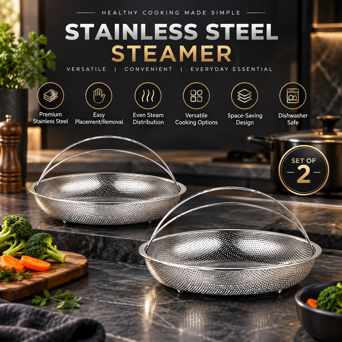 Steamer Basket Set Perforated Stainless Steel & Built-In Handles