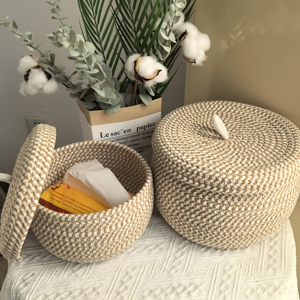 Storage Basket Handwoven Jute-Cotton Dust-Proof Lid Three Sizes
